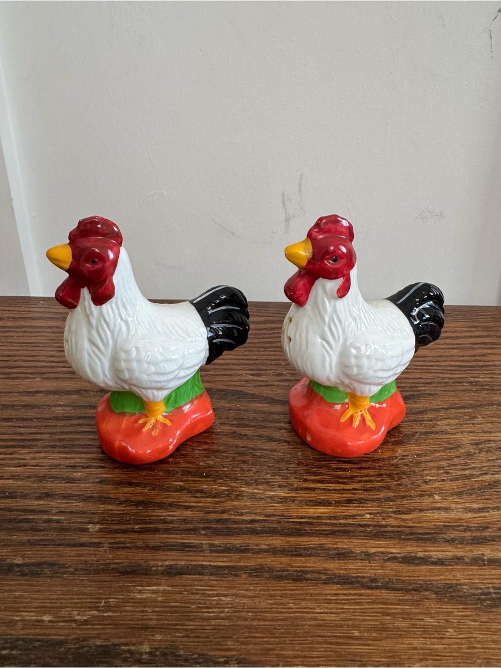 Ceramic Rooster Salt and Pepper Shakers - White, Red, Black